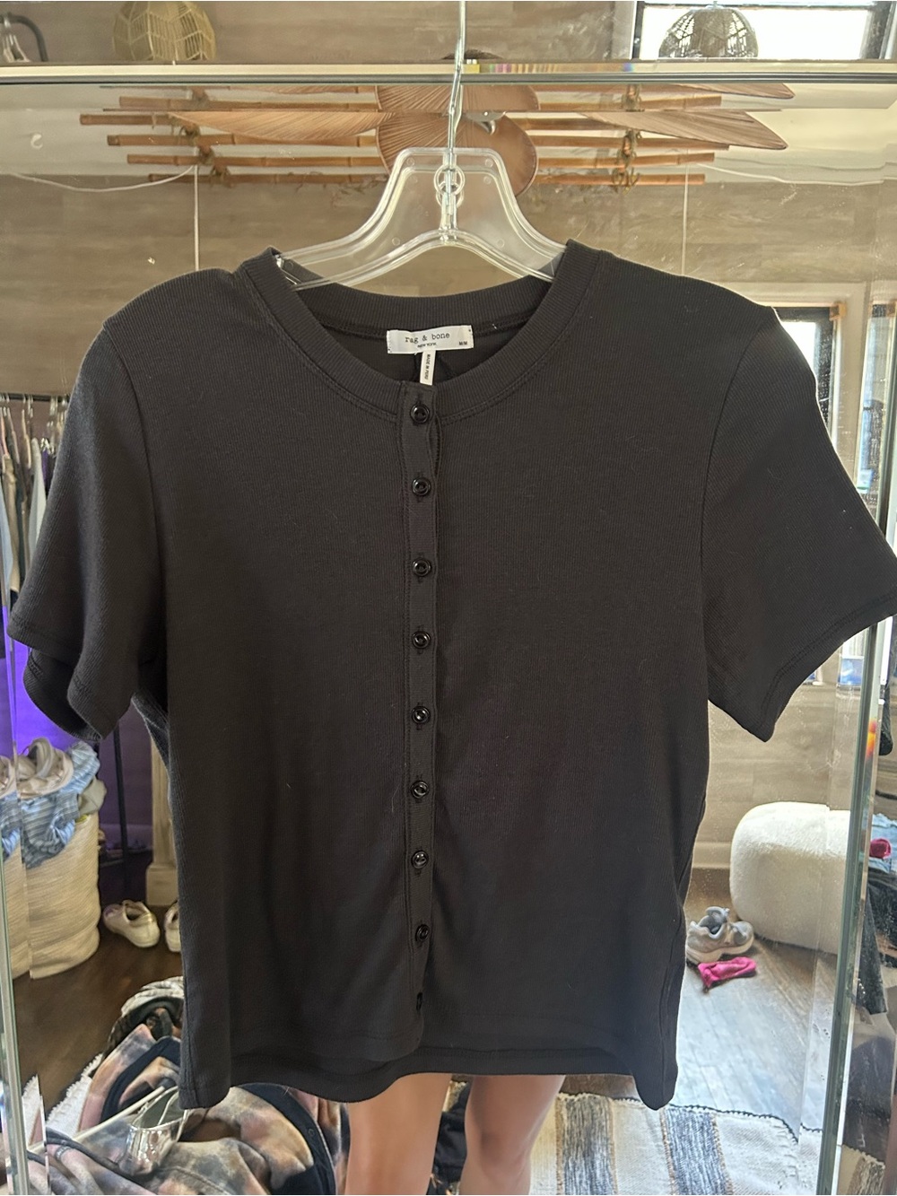 rag & bone Black Short-Sleeve Button-Front Ribbed Top
